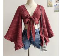 Chemise trompette à manches évasées avec nœud avant texturé pour femmes, convenant pour les vacances d'été, le style hippie western, les festivals de musique, Pâques, le carnaval, le thé de l'après-mi