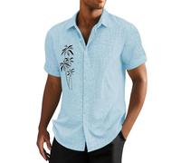 Chemise tropicale à manches courtes en coton et lin pour homme - Style décontracté - Motif palmier hawaïen, Chemises hawaïennes bleu ciel pour homme, XXL