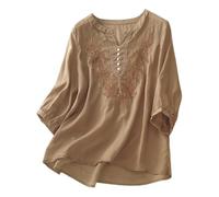 Chemise tunique en lin de style bohème pour femme grande taille - Hauts boho paysans amples brodés floraux 2026 - Chemisiers indiens à volants devant pour femmes âgées - Style décontracté gaze d'été