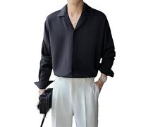 Chemise unie à col cubain pour homme, coupe ajustée, printemps ample, décontracté, à manches longues, boutonnée, chemise, Noir, L