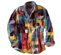 Chemise Unisexe Vintage Simple À Manches Longues Et Poches À Revers, Imprimé Arc-en-Ciel, À Carreaux, À Carreaux, À Boutons Contrastés (Multicolore,M)