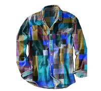 Chemise Unisexe Vintage Simple À Manches Longues Et Poches À Revers, Imprimé Arc-en-Ciel, À Carreaux, À Carreaux, À Boutons Contrastés (Bleu,M)