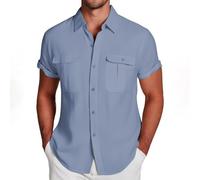Chemise vert foncé pour homme décontracté uni top chemise double poche manches courtes élégante chemise boutonnée chemise formelle homme chemise moderne, bleu, 4XL