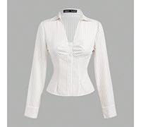 Chemise vintage à col en V blanc, manches longues, plissée et décorative. Style preppy, années 70, décontracté et confortable. Idéal pour l'école, l'enseignement et le bureau. Esthétique "old money",