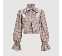 Chemise vintage à manches lanternes à carreaux kaki des années 70 avec grand nœud - style Nashville, western, boho nomade, inspiré du Y2K - parfait pour les rendez-vous, les vacances, le style cottage
