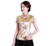 Chemise Vintage Fleur Femmes Traditionnelle Chinoise en Satin pour l'été Hauts de Dragon Fantaisie Vêtements Novelty, L