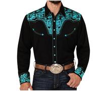 Chemise Western Cowboy Homme Manches Longues Vintage Marron avec Broderie Chemisette Décontractée à Boutons Grande Taille Hippie Costume pour Carnaval, Soirée Déguisée