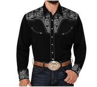 Chemise Western Cowboy Homme Manches Longues Vintage Marron avec Broderie Chemisette Décontractée à Boutons Grande Taille Hippie Costume pour Carnaval, Soirée Déguisée