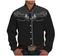 Chemise Western Cowboy Homme Manches Longues Vintage Marron avec Broderie Chemisette Décontractée à Boutons Grande Taille Hippie Costume pour Carnaval, Soirée Déguisée