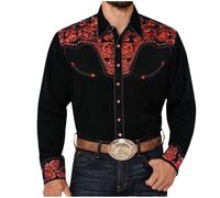 Chemise Western Cowboy Homme Manches Longues Vintage Marron avec Broderie Chemisette Décontractée à Boutons Grande Taille Hippie Costume pour Carnaval, Soirée Déguisée