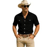 Chemise western en coton et lin à manches courtes pour homme avec boutons pression et perles - T-shirt de créateur pour homme - Couleur unie - Vintage - Décontracté - Haut d'été avec deux poches de