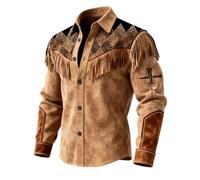 Chemise western pour homme avec franges et motifs brodés ethniques - Chemise de cowboy marron avec aspect cuir et panneaux tribaux | Chemise rodéo authentique pour les loisirs