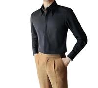 Chemises à boutons dissimulés solides pour hommes à grand col et manches longues Slim Business Social Shirt, Noir , XL