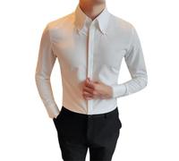 Chemises à boutons dissimulés solides pour hommes à grand col et manches longues Slim Business Social Shirt, blanc, 5XL