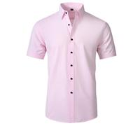 Chemises à carreaux pour homme Chemise formelle élastique à manches courtes de couleur unie Chemises de travail occasionnelles boutonnées en coton à col roulé, rose, Small