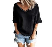 Chemises à col en V pour femme - Manches mi-longues - Blouse ample - Couleur unie - Chemisier élégant à manches courtes - Tunique d'été - Décontracté - Avec poches, a-noir, XXL