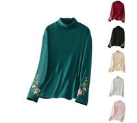 Chemises à imprimé floral pour femme - Col haut - Manches longues - Pull graphique floral avec poignets brodés - Tendance - Décontracté - Col haut - Coupe ample - Pull décontracté - Noir