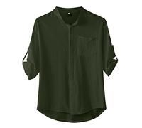 Chemises à manches courtes en lin et coton pour homme, chemises à manches longues décontractées pour grand-père, haut élégant, couleur unie, boutonné, avec col bande, respirant, léger, vêtements d'été