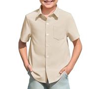 Chemises à Manches Courtes pour Filles et Garçons Chemise en Couleur Unie Classiques Boutonnée Uniforme Scolaire Chemisier Été Tee Shirts Décontracté pour Enfants Adolescent (A01-Beige, 11-12 Years)