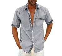 Chemises à manches courtes pour homme - Mode décontractée en coton et lin - Avec couture à boucle - Veste à manches courtes à carreaux - Sans plis - Chemise de vacances en coton et lin - Col montant