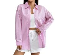 Chemises à manches longues avec rayures pour femme - Chemise rayée à boutons - Cardigan ample décontracté à manches longues pour femme - Chemises à double manchette pour femme - Noël 2025, rose, L