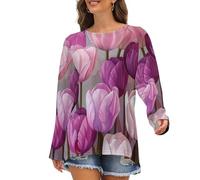 Chemises à manches longues pour femmes - Bouquet de tulipes violettes et roses, T-shirts amples pour femmes, col rond, t-shirt basique, Style 2, Taille M
