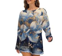 Chemises à manches longues pour femmes - T-shirt basique à col rond pour femme Bleu Golden Dream Lotus, Style 38, Taille L