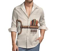 Chemises boutonnées à manches longues pour homme - Livres clé de la connaissance col en V chemise décontractée boutonnée pour homme avec poche, Noir/blanc, M