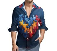 Chemises boutonnées à manches longues pour homme - Pièces de puzzle en forme de cœur, col en V, chemise boutonnée décontractée pour homme avec poche, Noir/blanc, XXL
