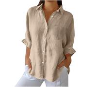 Chemises boutonnées en coton et lin à manches longues pour femme - Haut ample enroulable - Vêtements d'été d'automne avec poches, Kaki 1., L