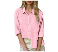 Chemises boutonnées en lin pour filles - Chemisiers à manches longues et col roulé - Hauts décontractés en gaze de coton avec poches - Chemises mignonnes pour enfants, rose, 13-14 ans