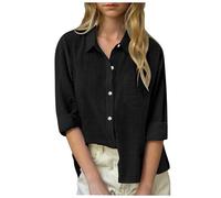 Chemises boutonnées en lin pour filles - Longues chemises enroulées à manches retroussées - Chemisiers décontractés en gaze de coton avec poches - Chemises mignonnes pour filles et enfants, Noir , 9