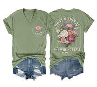 Chemises chrétiennes pour femmes « God is Within Her She Will Not Fall » - T-shirt avec verset de la Bible - Motif floral, Vert, S
