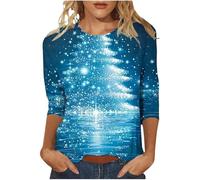 Chemises d'automne pour femmes, pulls de Noël décontractés pour femmes, imprimé arbre de Noël amusant, haut à manches 3/4, col rond, chemise à manches longues, vêtements de sport de Noël pour femmes