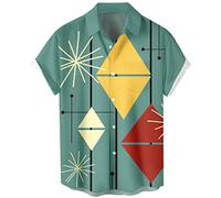 Chemises de bowling vintage des années 1950 pour hommes, chemises cubaines décontractées à manches courtes boutonnées contrastées pour l'été, Étoile géométrique, XX-Large
