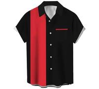 Chemises de Bowling Vintage des années 1950 pour Hommes, Chemises cubaines décontractées à Manches Courtes boutonnées contrastées pour l'été, Rouge/Noir, XX-Large