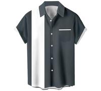 Chemises de bowling vintage des années 1950 pour hommes, chemises cubaines décontractées à manches courtes boutonnées contrastées pour l'été, Gris et blanc, Taille 6XL