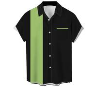 Chemises de Bowling Vintage des années 1950 pour Hommes, Chemises cubaines décontractées à Manches Courtes boutonnées contrastées pour l'été, Sauge et Rayures Noires, Taille XL