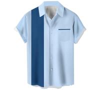 Chemises de bowling vintage des années 1950 pour hommes, chemises cubaines décontractées à manches courtes boutonnées contrastées pour l'été, Bleu clair et bleu, Taille 4XL
