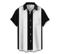 Chemises de bowling vintage des années 1950 pour hommes, chemises cubaines décontractées à manches courtes boutonnées contrastées pour l'été, noir/blanc, XX-Large