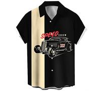 Chemises de bowling vintage des années 1950 pour hommes, chemises cubaines décontractées à manches courtes boutonnées contrastées pour l'été, 333 Voiture, Taille 3XL