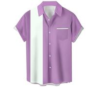 Chemises de bowling vintage des années 1950 pour hommes, chemises cubaines décontractées à manches courtes boutonnées contrastées pour l'été, Lavande et blanc, Taille S