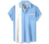 Chemises de bowling vintage des années 1950 pour hommes, chemises cubaines décontractées à manches courtes boutonnées contrastées pour l'été, Bleu clair et blanc, Taille 6XL