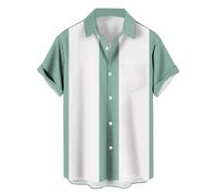 Chemises de bowling vintage des années 1950 pour hommes, chemises cubaines décontractées à manches courtes boutonnées contrastées pour l'été, Sauge et blanc, Taille 3XL