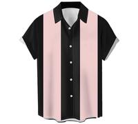 Chemises de bowling vintage des années 1950 pour hommes, chemises cubaines décontractées à manches courtes boutonnées contrastées pour l'été, noir/rose, XX-Large