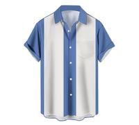 Chemises de bowling vintage des années 1950 pour hommes, chemises cubaines décontractées à manches courtes boutonnées contrastées pour l'été, bleu/blanc, XX-Large