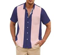 Chemises de bowling vintage des années 1950 pour hommes, chemises cubaines décontractées à manches courtes boutonnées contrastées pour l'été, Violet/rose, Taille 3XL