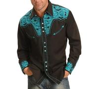 Chemises De Cow-Boy Western Vintage pour Hommes Casual Loose Long Sleeve Pearl Snap, Green, L