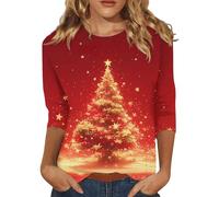 Chemises de Noël à manches longues pour femme, surdimensionné, décontracté, col rond, imprimé arbre à manches 3/4, chemisier hauts d'automne pour femmes, chemises thermiques décontractées, T-shirts