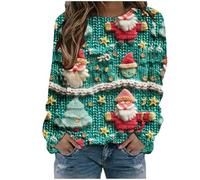 Chemises de Noël pour femme - Imprimé Père Noël - Col rond - Sans capuche - Pull français - Pull de Noël vintage, Vert, L